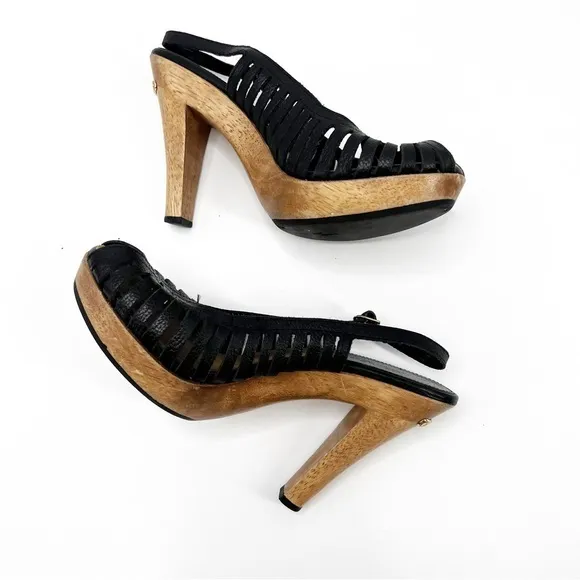 Michael Kors Sling Back Open Toe Leather Wooden Heel Sandals, Size 6.5