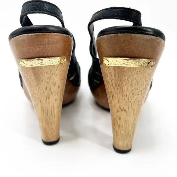 Michael Kors Sling Back Open Toe Leather Wooden Heel Sandals, Size 6.5