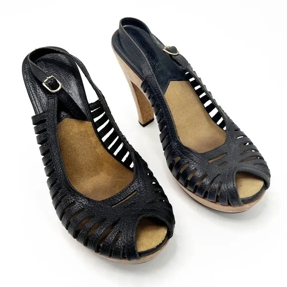 Michael Kors Sling Back Open Toe Leather Wooden Heel Sandals, Size 6.5