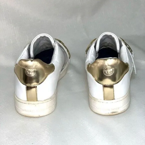 MICHAEL KORS Sneakers Women’s 8.5M Gold Chain White Leather Slip-On Shoes Bling