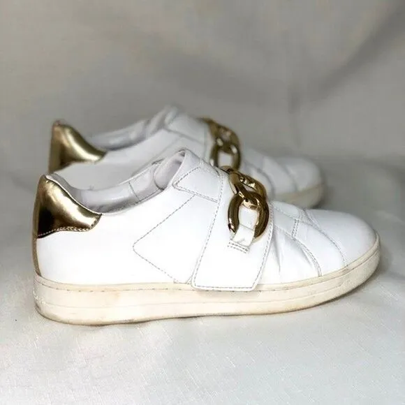 MICHAEL KORS Sneakers Women’s 8.5M Gold Chain White Leather Slip-On Shoes Bling
