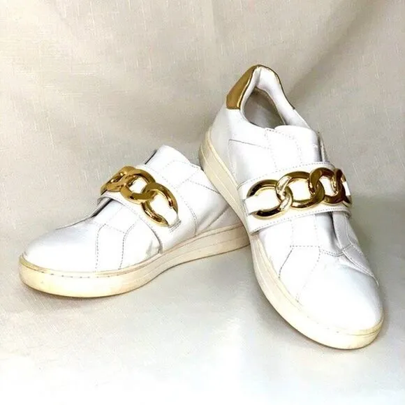 MICHAEL KORS Sneakers Women’s 8.5M Gold Chain White Leather Slip-On Shoes Bling