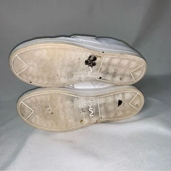 MICHAEL KORS Sneakers Women’s 8.5M Gold Chain White Leather Slip-On Shoes Bling