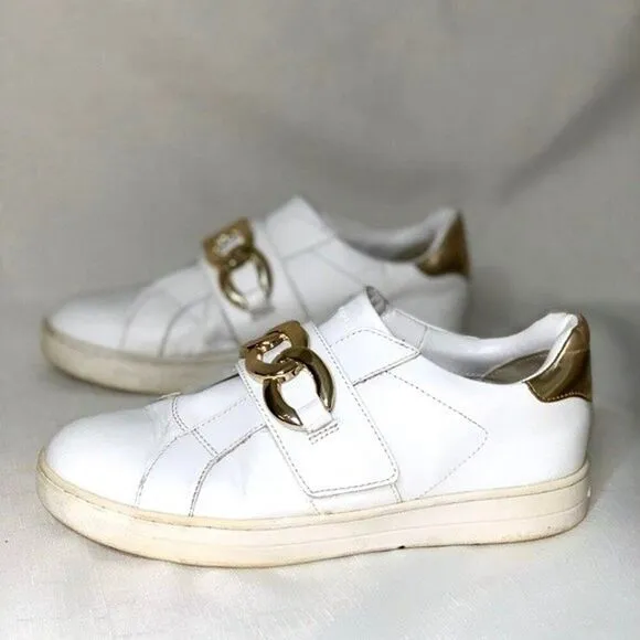 MICHAEL KORS Sneakers Women’s 8.5M Gold Chain White Leather Slip-On Shoes Bling
