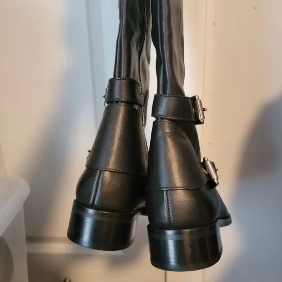 Michael Kors Tatum Buckle Knee High Leather Riding Boots Zip Up Black Women's