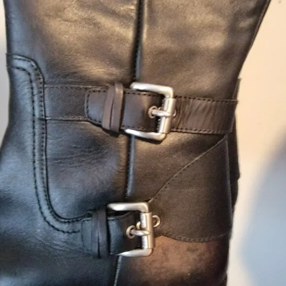 Michael Kors Tatum Buckle Knee High Leather Riding Boots Zip Up Black Women's