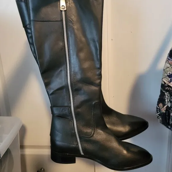 Michael Kors Tatum Buckle Knee High Leather Riding Boots Zip Up Black Women's