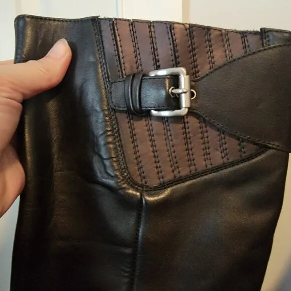 Michael Kors Tatum Buckle Knee High Leather Riding Boots Zip Up Black Women's