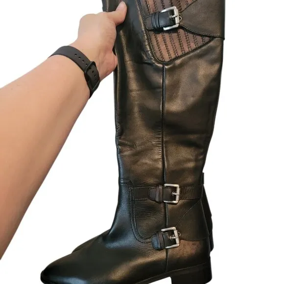 Michael Kors Tatum Buckle Knee High Leather Riding Boots Zip Up Black Women's