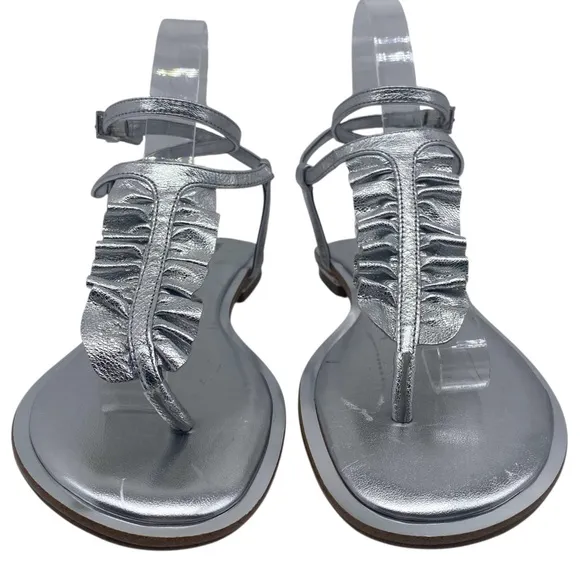 Michael Kors Womens Shoes Bella Sandals 8 Silver Leather Ruffled Flat Strappy