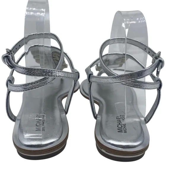 Michael Kors Womens Shoes Bella Sandals 8 Silver Leather Ruffled Flat Strappy