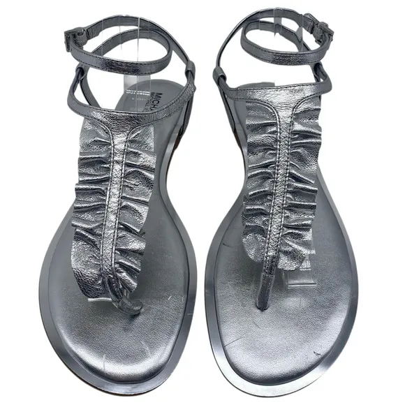Michael Kors Womens Shoes Bella Sandals 8 Silver Leather Ruffled Flat Strappy
