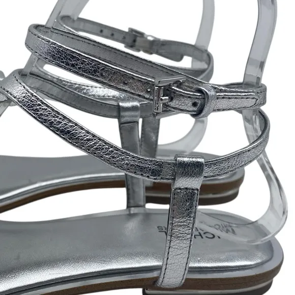 Michael Kors Womens Shoes Bella Sandals 8 Silver Leather Ruffled Flat Strappy