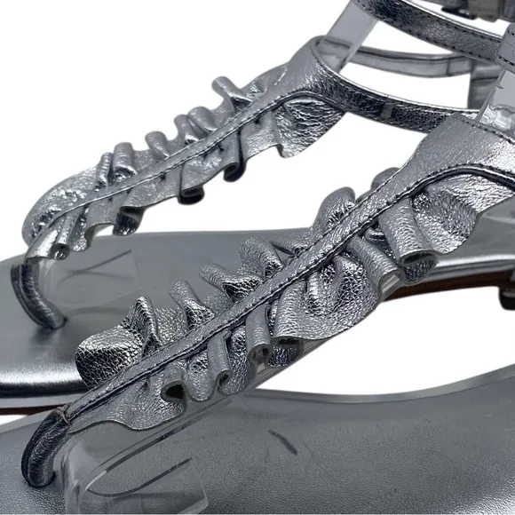 Michael Kors Womens Shoes Bella Sandals 8 Silver Leather Ruffled Flat Strappy