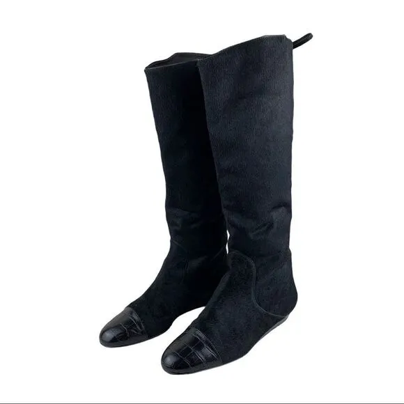 Migliorini Black Calf-Hair Tall Wedge Boots Back-Lace Detail