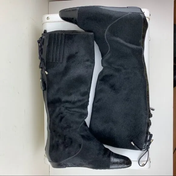 Migliorini Black Calf-Hair Tall Wedge Boots Back-Lace Detail