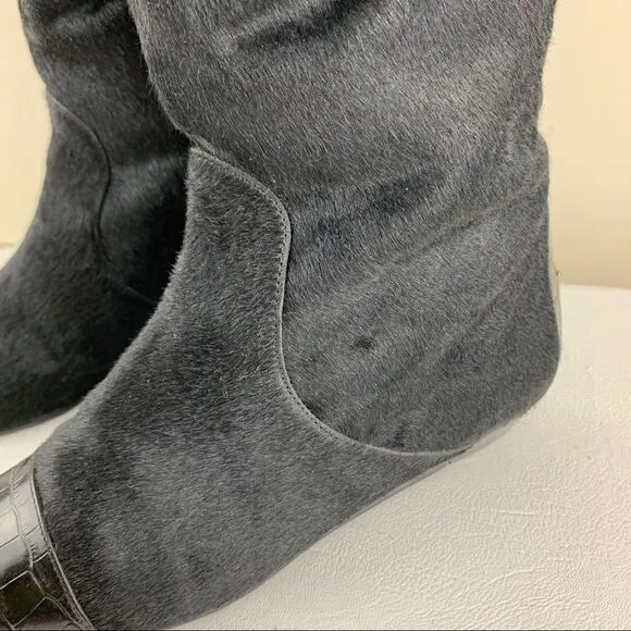 Migliorini Black Calf-Hair Tall Wedge Boots Back-Lace Detail
