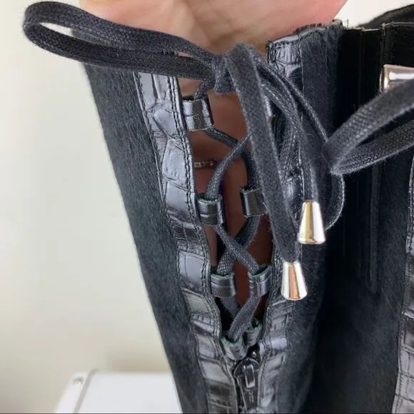 Migliorini Black Calf-Hair Tall Wedge Boots Back-Lace Detail