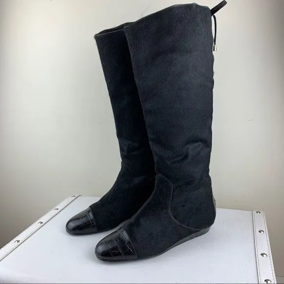 Migliorini Black Calf-Hair Tall Wedge Boots Back-Lace Detail
