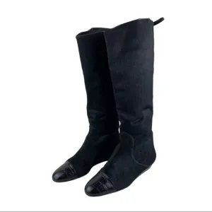 Migliorini Black Calf-Hair Tall Wedge Boots Back-Lace Detail