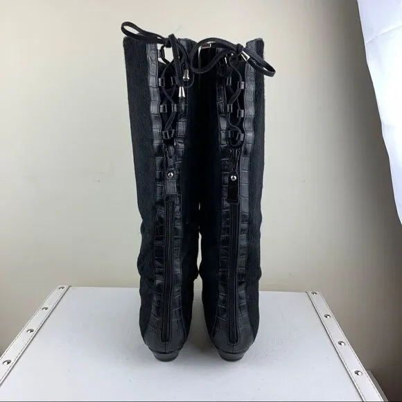 Migliorini Black Calf-Hair Tall Wedge Boots Back-Lace Detail