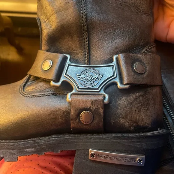 Milwaukee leather Metallic Brown Leather Boots with Logo 7.5 NWOB