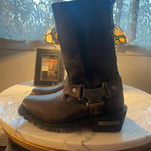 Milwaukee leather Metallic Brown Leather Boots with Logo 7.5 NWOB