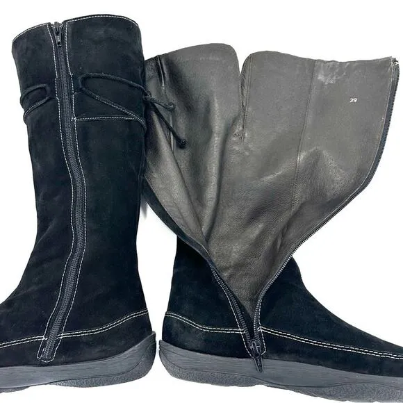 MINELLI BLACK SUEDE LEATHER LINING ROUNDED TOE PADDED FOOTBED FLAT TALL BOOTS