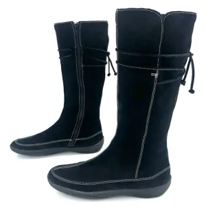 MINELLI BLACK SUEDE LEATHER LINING ROUNDED TOE PADDED FOOTBED FLAT TALL BOOTS