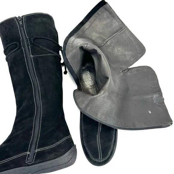 MINELLI BLACK SUEDE LEATHER LINING ROUNDED TOE PADDED FOOTBED FLAT TALL BOOTS