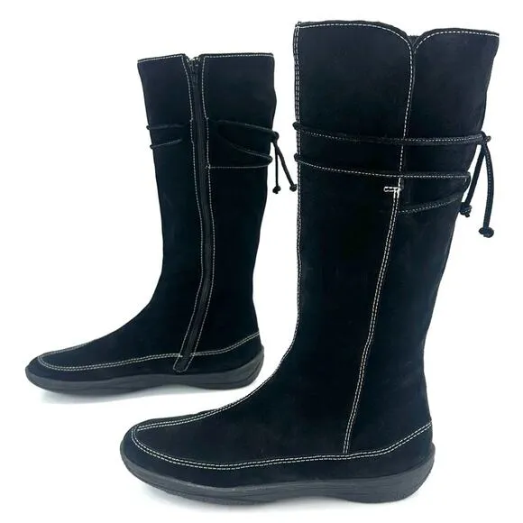 MINELLI BLACK SUEDE LEATHER LINING ROUNDED TOE PADDED FOOTBED FLAT TALL BOOTS