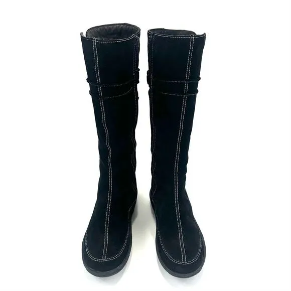 MINELLI BLACK SUEDE LEATHER LINING ROUNDED TOE PADDED FOOTBED FLAT TALL BOOTS