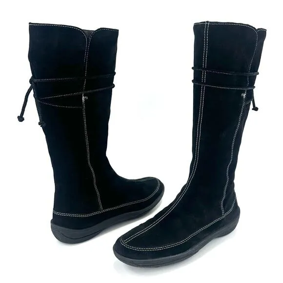 MINELLI BLACK SUEDE LEATHER LINING ROUNDED TOE PADDED FOOTBED FLAT TALL BOOTS