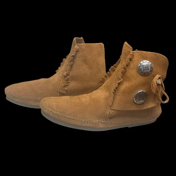 Minnetonka Cognac Fringe Suede Moccasin Ankle Boot Womens 9 Southwestern Hippie