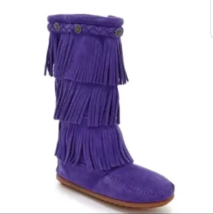 Minnetonka Girls Purple Three-Layered Fringe Boots Moccasins Youth 3