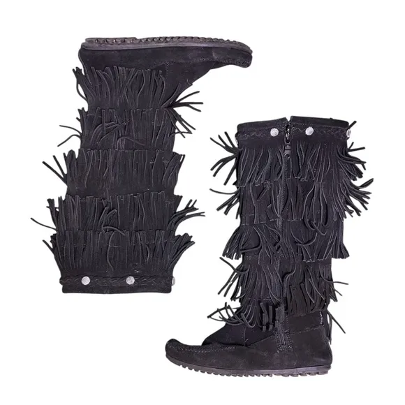 Minnetonka Womens 5-Layer Fringe Tall Boots 7 Black Soft Suede Moc Zip Flat Sz 8