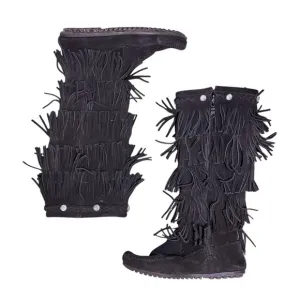 Minnetonka Womens 5-Layer Fringe Tall Boots 7 Black Soft Suede Moc Zip Flat Sz 8