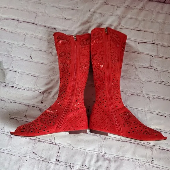 Miss Martani Red Open Toe Calf-High Intricate Cutouts Side Zip Size 6.5