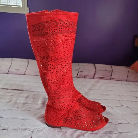 Miss Martani Red Open Toe Calf-High Intricate Cutouts Side Zip Size 6.5
