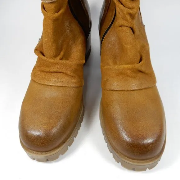 Miz Mooz Mandy Moto Boots Size 39 8.5 9 Hickory Tan Suede Whipstitch Cut-Out NEW