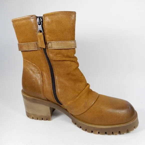 Miz Mooz Mandy Moto Boots Size 39 8.5 9 Hickory Tan Suede Whipstitch Cut-Out NEW