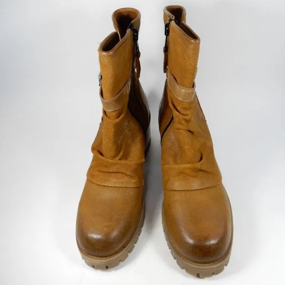 Miz Mooz Mandy Moto Boots Size 39 8.5 9 Hickory Tan Suede Whipstitch Cut-Out NEW