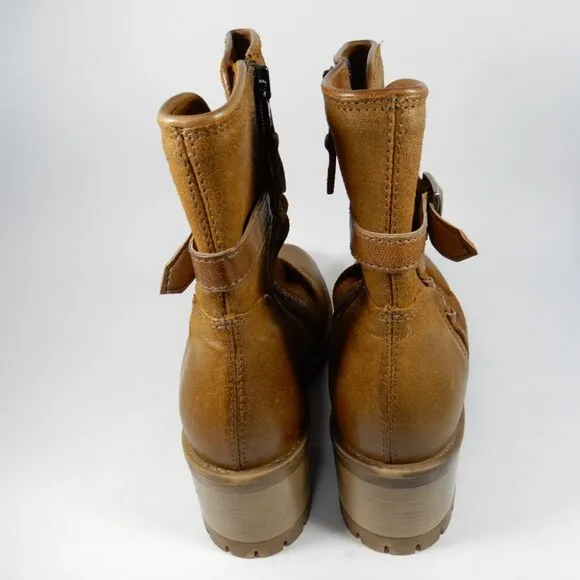 Miz Mooz Mandy Moto Boots Size 39 8.5 9 Hickory Tan Suede Whipstitch Cut-Out NEW