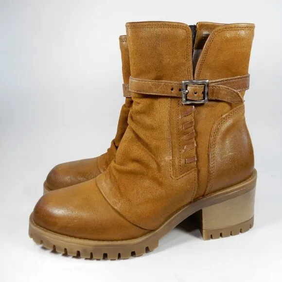 Miz Mooz Mandy Moto Boots Size 39 8.5 9 Hickory Tan Suede Whipstitch Cut-Out NEW