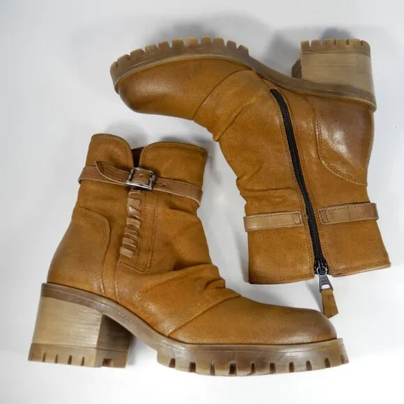 Miz Mooz Mandy Moto Boots Size 39 8.5 9 Hickory Tan Suede Whipstitch Cut-Out NEW