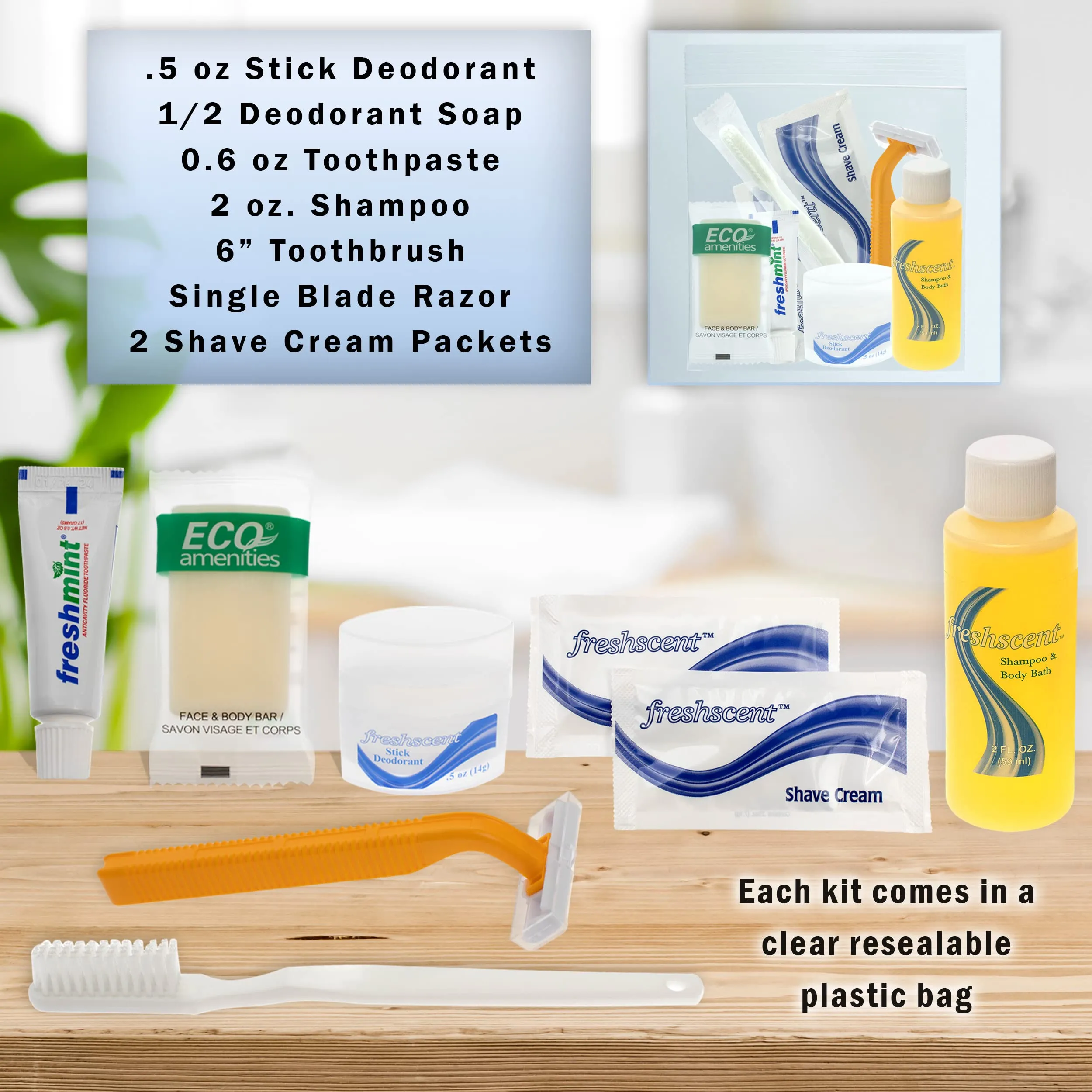 Moda West 24 Kits - Bulk Case of Wholesale Basic Toiletry Kits for Men, Women, Travel, Charity In Pouch With See Thru Window