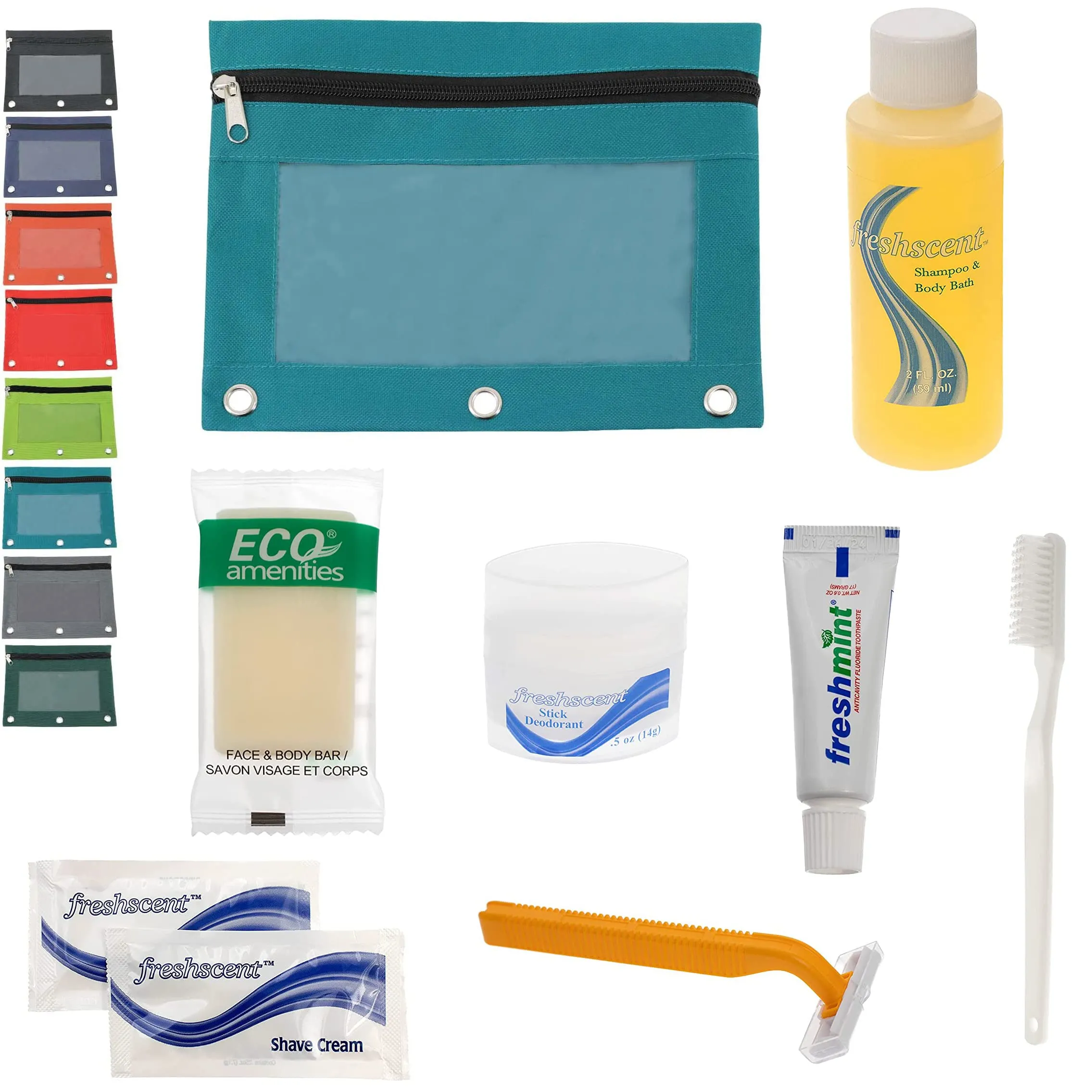 Moda West 24 Kits - Bulk Case of Wholesale Basic Toiletry Kits for Men, Women, Travel, Charity In Pouch With See Thru Window