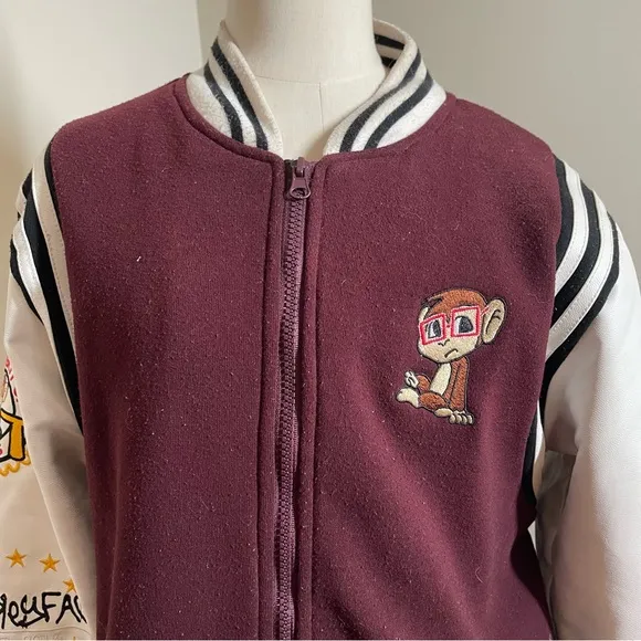 Monkey Face Unisex Embroidered Burgundy White Full Zip Baseball Jacket