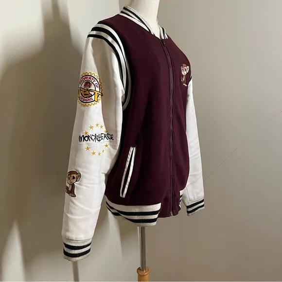 Monkey Face Unisex Embroidered Burgundy White Full Zip Baseball Jacket
