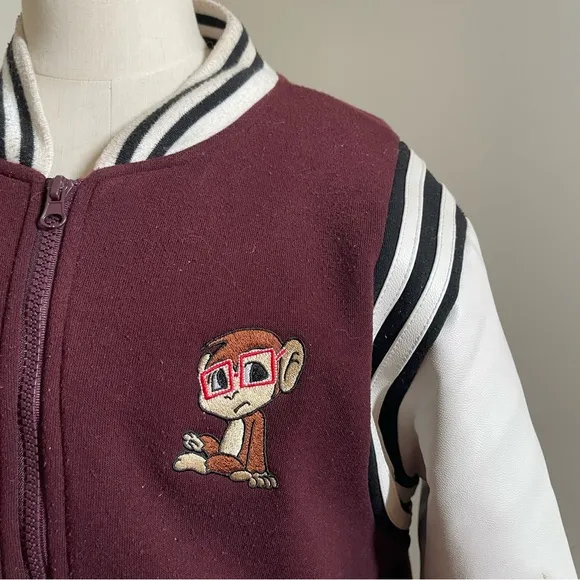 Monkey Face Unisex Embroidered Burgundy White Full Zip Baseball Jacket